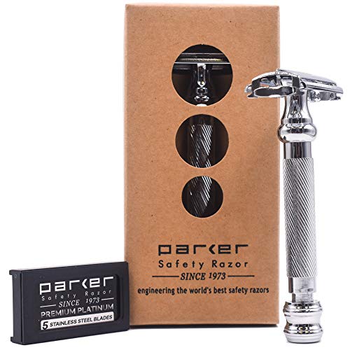 Parker 99R - Long Handle Heavyweight Butterfly Open Safety Razor & 5 Premium Platinum Double Edge Razor Blades