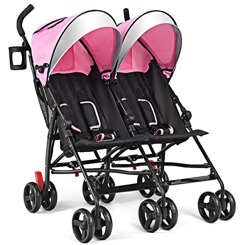 BABY JOY Double Light-Weight Stroller, Travel Foldable Design, Twin Umbrella Stroller with 5-Point Harness, Cup Holder, Sun Canopy for Baby, Toddlers (Pink)