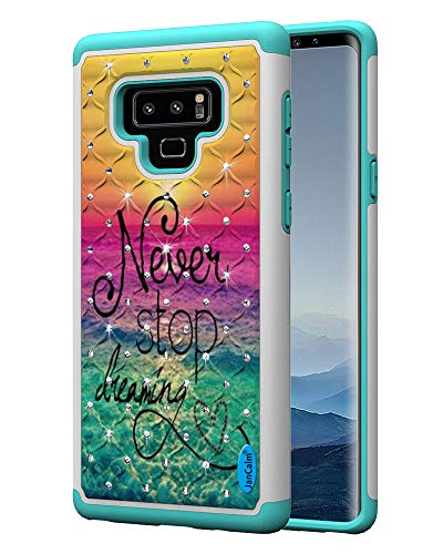 JanCalm Galaxy Note9 Case [Shock Absorption] Dual Layer Protection Studded Rhinestone Crystal Bling Back Cover Hard Cell Phone Case for Samsung Galaxy Note 9 (2018) + Crystal Pen (Never Stop/Teal)