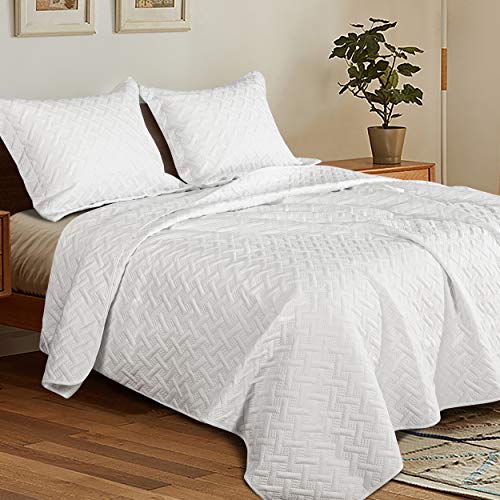 NTBAY King 3 Piece (1 Quilt and 2 Shams) Washed Quilt Set, Soft and Lightweight Mircofiber Coverlet Modern Style Basket Weave Pattern Quilted Bedspread Set, 106 x 96 Inches, White