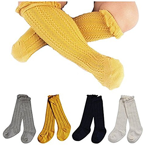 Toptim 4 Pairs Baby Toddlers Cable Knit Knee High Socks for Boy and Girls 0-3T (Gray,White,Yellow,Navy Blue, 0-12M)