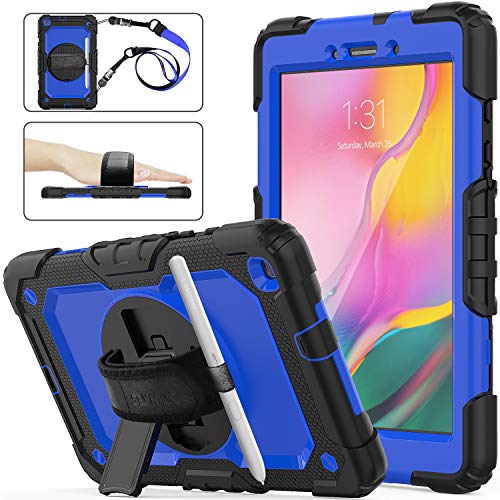 SEYMAC Stock Galaxy Tab A 8.0 SM-T290/T295/T297 Case, Shockproof Full-Body Drop Armor Case with 360 Rotating Stand Pen Holder Screen Protect Hand Strap for Samsung Tab A 8.0 (Blue+Black)