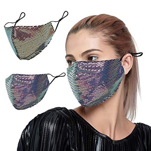 ZFCGEE 2 Pack Washable Glitter Face Covering for Women, Fashion Bling Adjustable Ear Loops Mouth Cover Halloween Party Accessories (Holographic Gold + Holographic Blue)