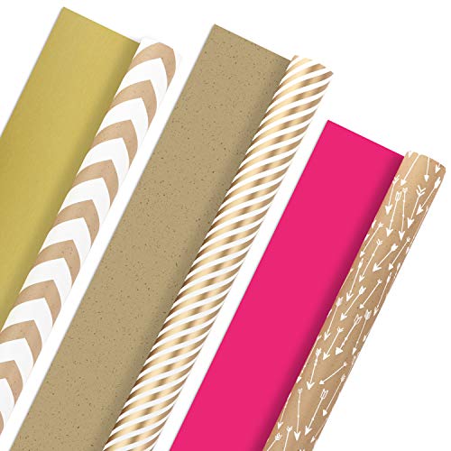 Hallmark Reversible Wrapping Paper, Kraft Gold and Pink (Pack of 3, 120 sq. ft. ttl.) for Mothers Day, Easter, Baby Showers, Birthdays, Weddings, Bridal Showers or Any Occasion