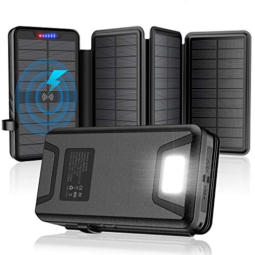 Solar Charger 35800mAh Solar Power Bank with Dual 3.1A Outputs Wireless Charger Waterproof Ultra Bright LED Panel Light and Flashlights Compatible Most Smart Phones Tablets and More