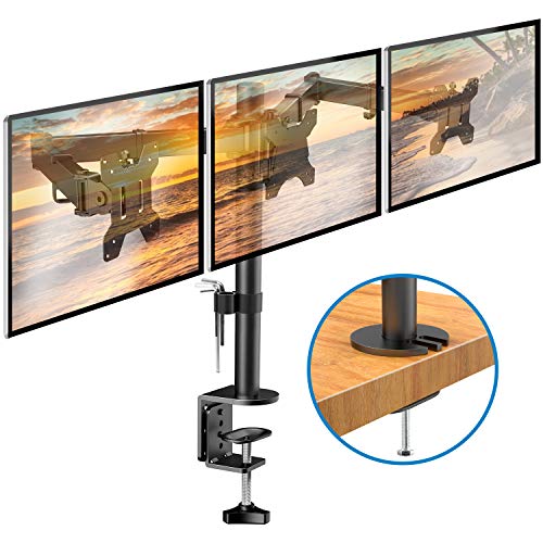 HUANUO Triple Monitor Stand | Adjustable 3 Arm Monitor Desk Mount Fits 19 20 21 22 23 24 Inch Flat/Curved Screens with Clamp, Grommet Mounting Base | VESA Compatible Tri Monitor Holder