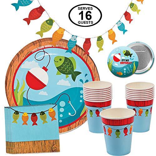 Fisherman Fishing Party Supplies Little Fisherman Table Party Pack Bundle for 16 Includes Dinner Plates, Cups, Napkins and Banner