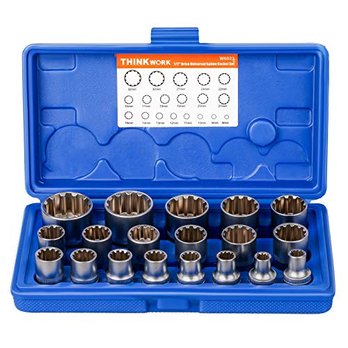1/2' Drive Universal Spline Socket Set, THINKWORK 19 Pieces Bolt Extractor Tool Set, Nut Removal Tool, Works with SAE, Metric, Partially Rounded, 6 pt, 12 pt, Square and Star Sizes, Cr-V steel