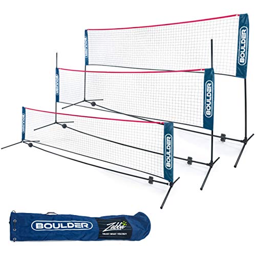 Boulder Portable Badminton Net Set - for Tennis, Soccer Tennis, Pickleball, Kids Volleyball - Easy Setup Nylon Sports Net with Poles (Blue/Red, 14 FT)