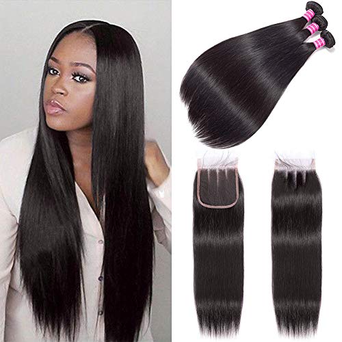 (14' 14' 14') Straight Brazilian Human Hair Bundles with Lace Closure 4x4 Three Part 12 Inch for Women Human Hair Wigs 100% Unprocessed Brazilian Virgin Human Hair Extension Natural Color