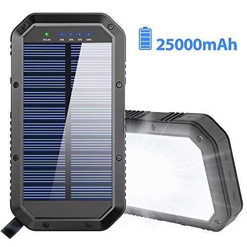 Solar Charger, 25000mAh Battery Solar Power Bank Portable Panel Charger with 36 LEDs and 3 USB Output Ports External Backup Battery for Camping Outdoor for iOS Android