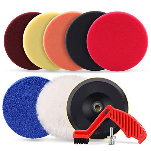 SPTA 9pcs Polishing Pads Kit, 7 Inches Large Size Buffing Pads, Car Foam Buffing Sponge Pads Kit with 5/8'-11 Drill Adapter for Car Care Polisher Boat Waxing Polishing Sealing Glaze