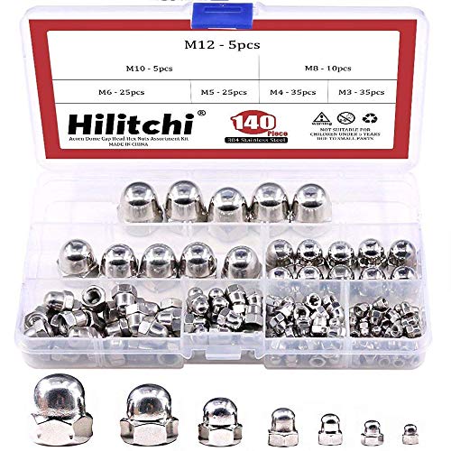 Hilitchi 140-Pcs M3 M4 M5 M6 M8 M10 M12 Acorn Dome Cap Head Hex Nuts Assortment Kit, 304Stainless Steel