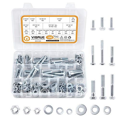 VIGRUE 180PCS Heavy Duty Hex Bolts Nuts Flat and Lock Washers Assortment Kit, Includes 9 Common SAE Sizes