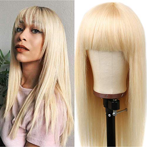 Relena Silkly Straight Blonde Wig with Bangs for Women Full Machine Made 613 Human Hair Wig 150% Density Glueless None Lace Front Wigs Unprocessed Brazilian Virgin Hair Wig