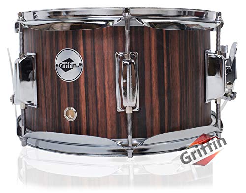 Firecracker Snare Drum by Griffin|Soprano Popcorn 10' x 6' Poplar Wood Shell & Black Hickory PVC|Concert Percussion Musical Instrument with Drummers Key & Deluxe Snare Strainer|Beginner & Professional