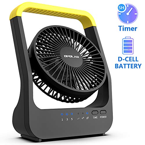 Battery Operated Fan, Powered by USB or 4 D Batteries (not Included), 3 Speeds, Strong Airflow but Quiet Long Lasting Camping Fan wiith Timer, Great for Hurricanes Power Shortage, 5 Inch