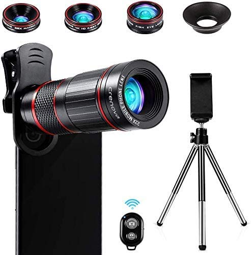 Crenova Phone Camera Lens Kit, 11 in 1 Universal 22X Telephoto Lens + 25X Macro Lens + 0.62X Wide Angle Lens + 235° Fisheye Lens + Bluetooth Shutter + Extendable Tripod for iPhone, Android Phone