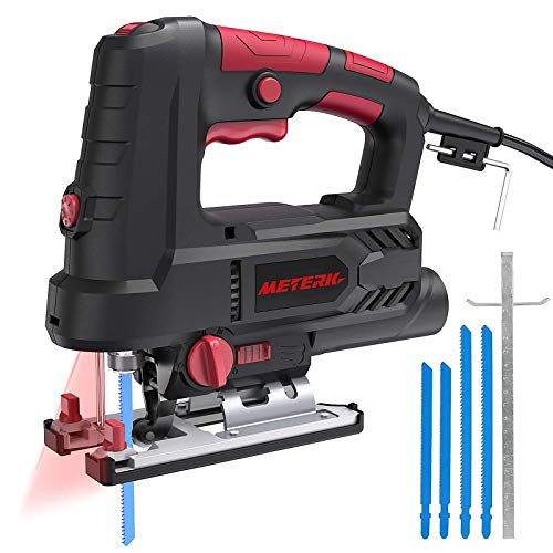 Jigsaw, Meterk Upgraded 800W 6.7 Amp 3000 SPM Jig Saw with Laser Guide & LED, 6 Variable Speed, 4PCS T-Shank Saw Blades, Scale Ruler, 78.74 Inches Cord, ±45°Bevel Cutting Angle