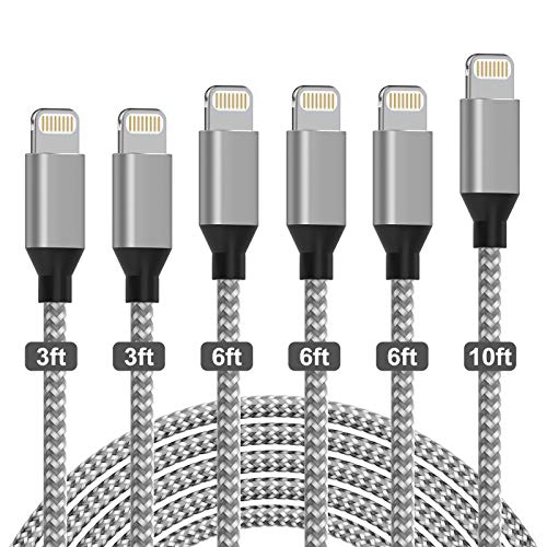 HOVAMP MFi Certified 6Pack[3/3/6/6/6/10ft] Nylon Braided iPhone Charger Lightning Cable Fast Charging&Syncing Long Cord Compatible iPhone 11Pro Max/11Pro/11/XS/Max/XR/X/8/8P/7 and More-Silver&White