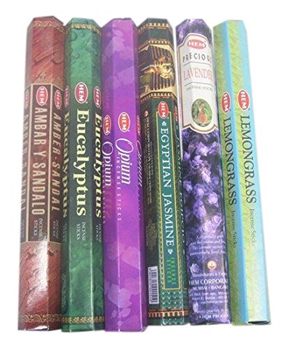 HEM assorted best sellers incense sticks pack of 6 - 120 Sticks, Fragrance - Lemongrass, Lavender, Egyptian Jasmine, Ambar Sandalo, Opium, Eucalyptus