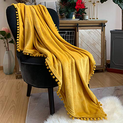 LOMAO Flannel Blanket with Pompom Fringe Lightweight Cozy Bed Blanket Soft Throw Blanket fit Couch Sofa Suitable for All Season (51x63) (Mustard Yellow)