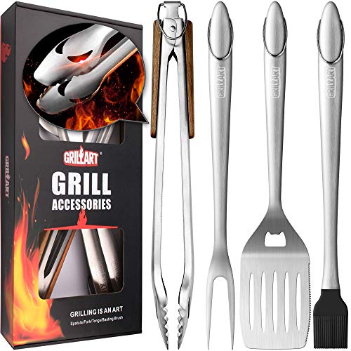 GRILLART Heavy Duty BBQ Grill Tools Set. Snake-Eyes Design Stainless Steel Grill Utensils Kit - 18” Locking Tongs, Spatula, Fork, Basting Brush. Best Barbecue Grilling Accessories, Gift for Men