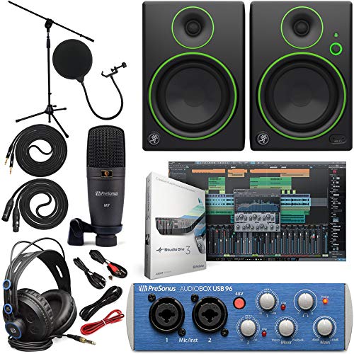 Presonus AudioBox 96 Audio Interface (May Vary Blue or Black) Full Studio Bundle with Studio One Artist Software Pack w/Mackie CR3 Pair Studio Monitors and 1/4” Instrument Cables