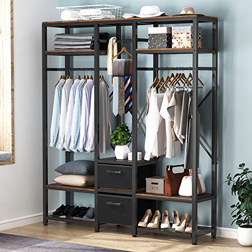 Tribesigns Free Standing Closet Organizer, Metal Garment Rack with Shelves, Hanging Rods and Drawers, Heavy-Duty Closet Storage System Wardrobe Closet for Clothing Shoe Storage