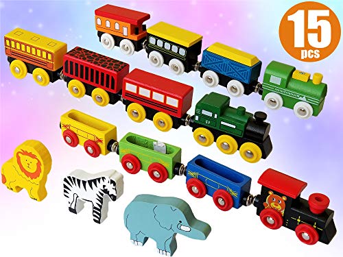 Wooden Train Set 12 PCS - Magnetic Engines with 3 Bonus Animals - Deluxe Toys for Kids Toddler Boys and Girls - Compatible to Thomas Railway, Brio Tracks, and Major Brands