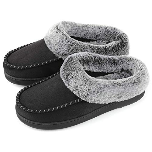 ULTRAIDEAS Women's Cozy Memory Foam Moccasin Suede Slippers with Fuzzy Plush Faux Fur Lining, Ladies' Slip on House Shoes with Indoor Outdoor Anti-Skid Rubber Sole,Black,11-12