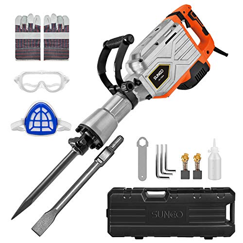 SUNCOO 1900BPM Electric Demolition Jack Hammer Heavy Duty Jackhammer Powerful Rock Pavement Concrete Breaker Drills Kit with Wheeled Case, Gloves, Goggle and Flat&Point Chisels Bits