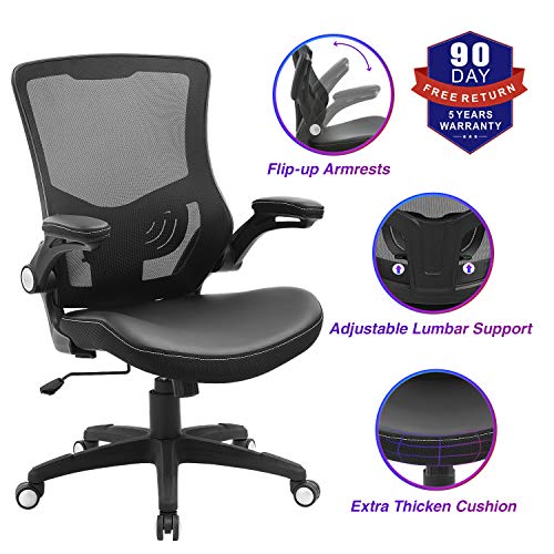 Office Chair Ergonomic Swivel Mesh Mid-Back Computer Desk Chair with Flip-up Arms Office Desk Chair with Adjustable Lumbar Support-Black