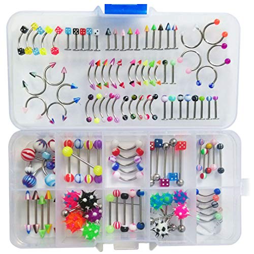 Oasis Plus Lot 110 PCS Body Jewelry Piercing Kit Eyebrow Navel Belly Tongue Lip Bar Nose Ring 22 Styles (No Duplicates)