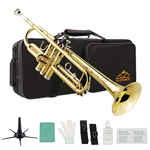 Eastrock Standard Brass Bb Gold Trumpet for Student Beginner Brass Instrument with Hard Case, Gloves, 7C Mouthpiece, Valve Oil and Trumpet Cleaning Kit