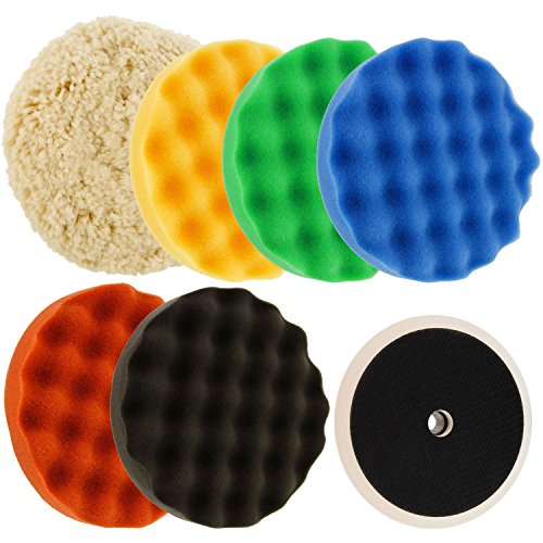 TCP Global Ultimate 6 Pad Buffing and Polishing Kit with 6-8' Pads; 5 Waffle Foam & 1 Wool Grip Pads and a 5/8' Threaded Polisher Grip Backing Plate