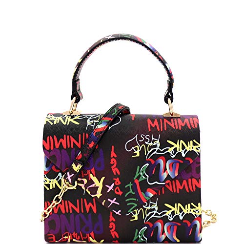 Mini Top-Handle Retro Box Flap PU Leather Satchel Crossbody Leopard Snake Neon (1Plain Top-Handle - 1Graffiti Art Black/Purple)