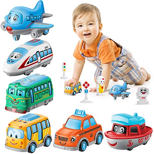Geyiie Cartoon Cars Toy, Pull Back Cars Mini Alloy Helicopter Boat Toy Play Set 1:64 Scale, Metal Die Cast Vehicle for Babies Boys Girls Toddlers Kids Party Favors, 6 Pack