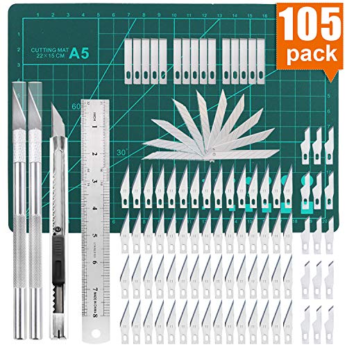 105 PCS Precision Carving Craft Hobby Knife Kit Includes 92 PCS Carving Blades with 2 Handles, 11 PCS SK5 Art Blades with 1 Handles, Cutting Board,Steel Rule for DIY Art Work Cutting, Hobby, Scrapbook