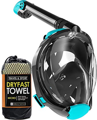 cozia design Full Face Snorkel Mask - 180° Panoramic View Scuba Mask, Safe Breathing System for Longer Diving, Anti Fog and Anti Leak Snorkeling Gear with Camera Mount, Fast Drying Microfiber Towel