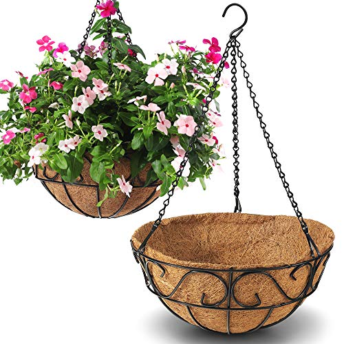 CABASAA 2 Pack Metal Hanging Planter Basket with Coco Coir Liner Chain Round Wire Plant Holder Flower Pots Hanger Garden Decoration Porch Decor Watering Hanging Baskets Indoor Outdoor (12INCH)