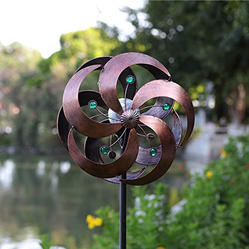 HDNICEZM Solar Wind Spinner Improved 360 Degrees Swivel Multi-Color LED Lighting Glass Ball with Kinetic Wind Spinner Vertical Metal Sculpture Stake Construction for Outdoor Yard Lawn & Garden
