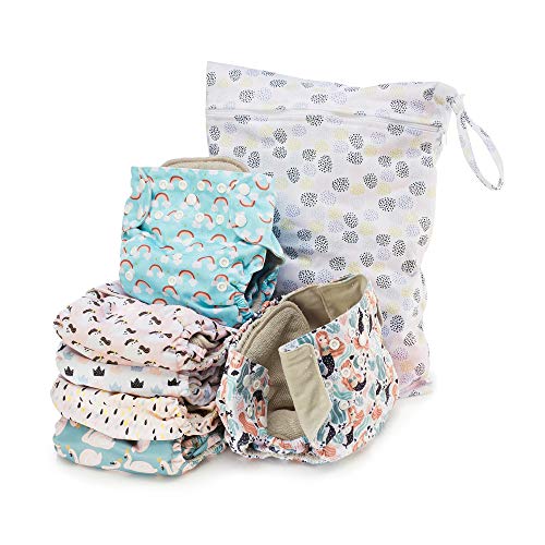 Simple Being Reusable Cloth Diapers, Double Gusset, One Size Adjustable, Washable Soft Absorbent, Waterproof Cover, Eco-Friendly Unisex Baby Girl Boy, with six 4-Layers Microfiber Inserts (Whimsical)