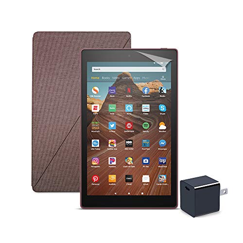 Fire HD 10 Tablet (32 GB, Plum, With Special Offers) + Amazon Standing Case (Plum) + Nupro Screen Protector (2-pack) + 15W USB-C Charger