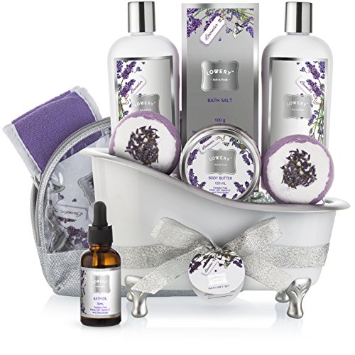 Bath Gift Basket Set for Women: Relaxing at Home Spa Kit Scented with Lavender and Jasmine - Includes Large Bath Bombs, Salts, Shower Gel, Body Butter Lotion, Bath Oil, Bubble Bath, Loofah and More