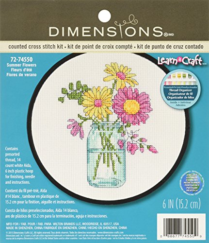 DIMENSIONS Summer Flowers Counted Cross Stitch Kit for Beginners, White 14 Count Aida Cloth, 6'' D