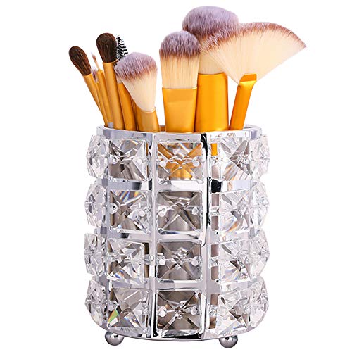 Tasybox Crystal Makeup Brush Holder Organizer, Handcrafted Cosmetics Brushes Cup Storage Solution (Silver)