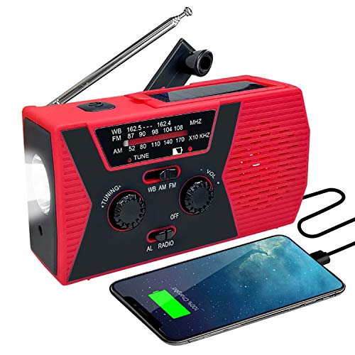 Frebw 2000mAh Emergency Radios with Phone Chargers & Solar Panel, Portable Hand Crank Weather NOAA Radio with Battery Backup SOS Flashlight Reading Lamp for Camping, Power Outage, Hurricane Supplies