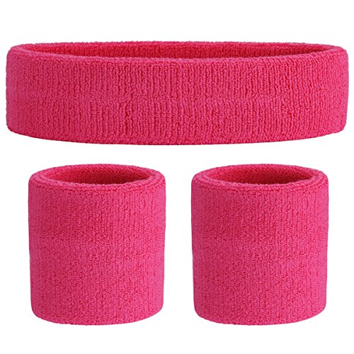 ONUPGO Pink Sweatband Set (3 Pieces) Cotton Headband/Wristbands for Men Women Girls Boys and Youth, Athletic Headbands Fit for Sports, Running, Yoga, Basketball, Football, Cycling, Gym (Pink)