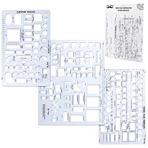 Mr. Pen House Plan, Interior Design and Furniture Templates, Drafting Tools and Ruler Shapes for Architecture - Set of 3